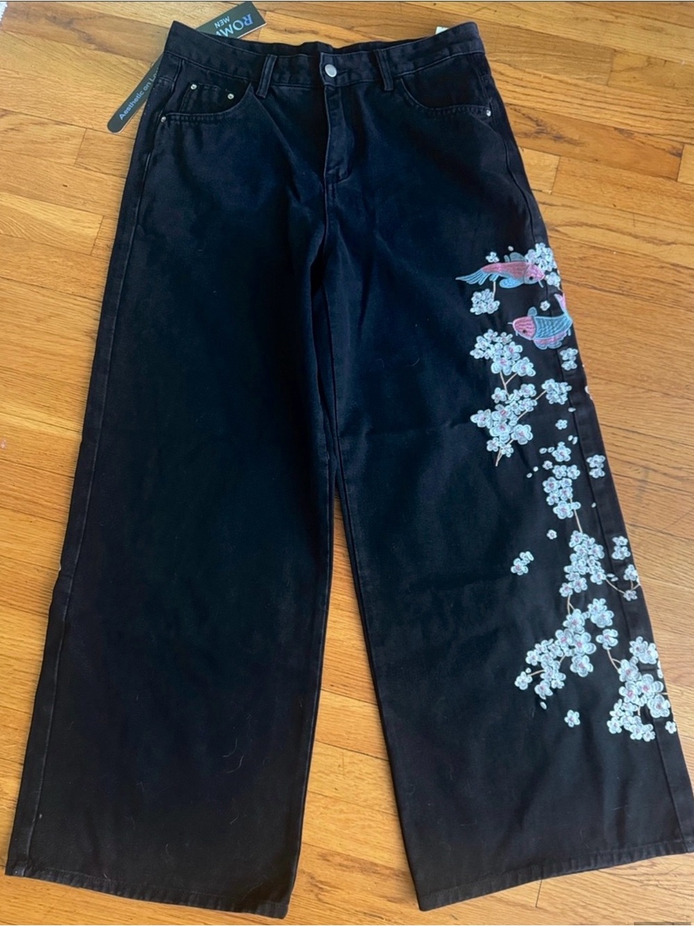 Street Life Black Wide-Leg Pants with Embroidered Koi & Cherry Blossoms